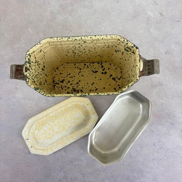 Vintage French Enamel Lunch Box Pail Kitchen Decor Graniteware Enamelware Yellow - Picture 8 of 13